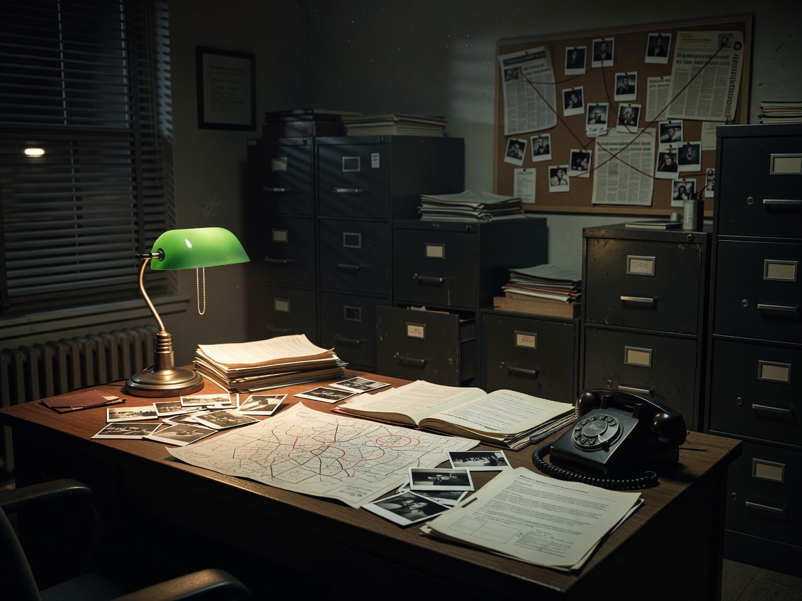 Dimly lit investigation office background