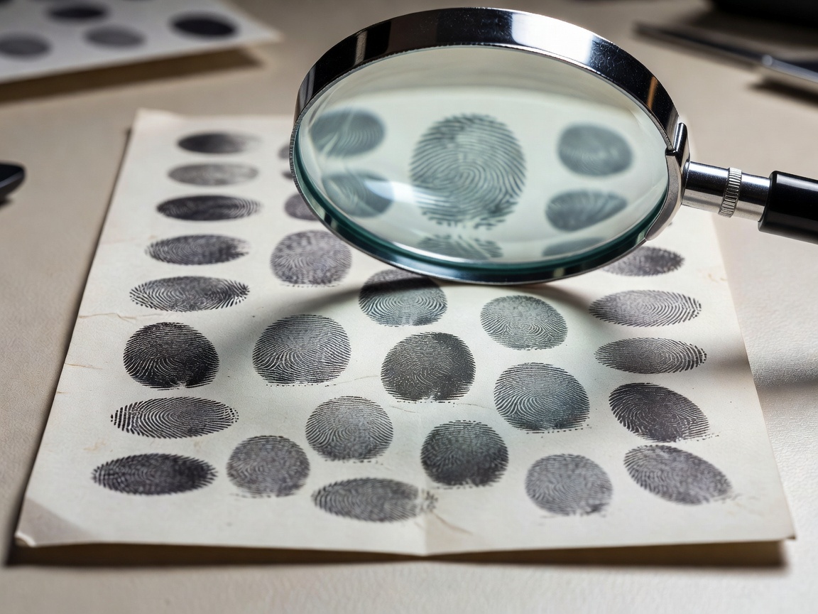 Fingerprint analysis sheet under magnifying glass