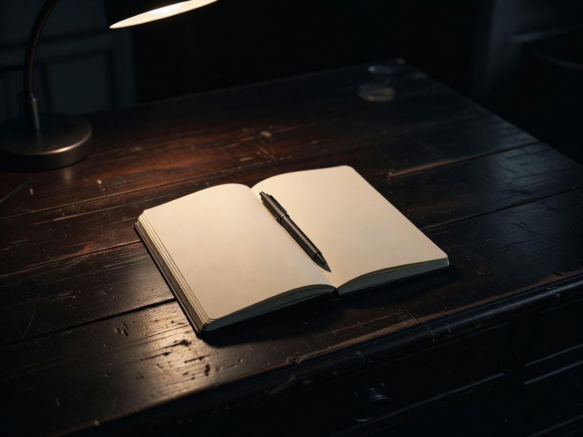 Investigator notebook and pen on a dark wooden desk