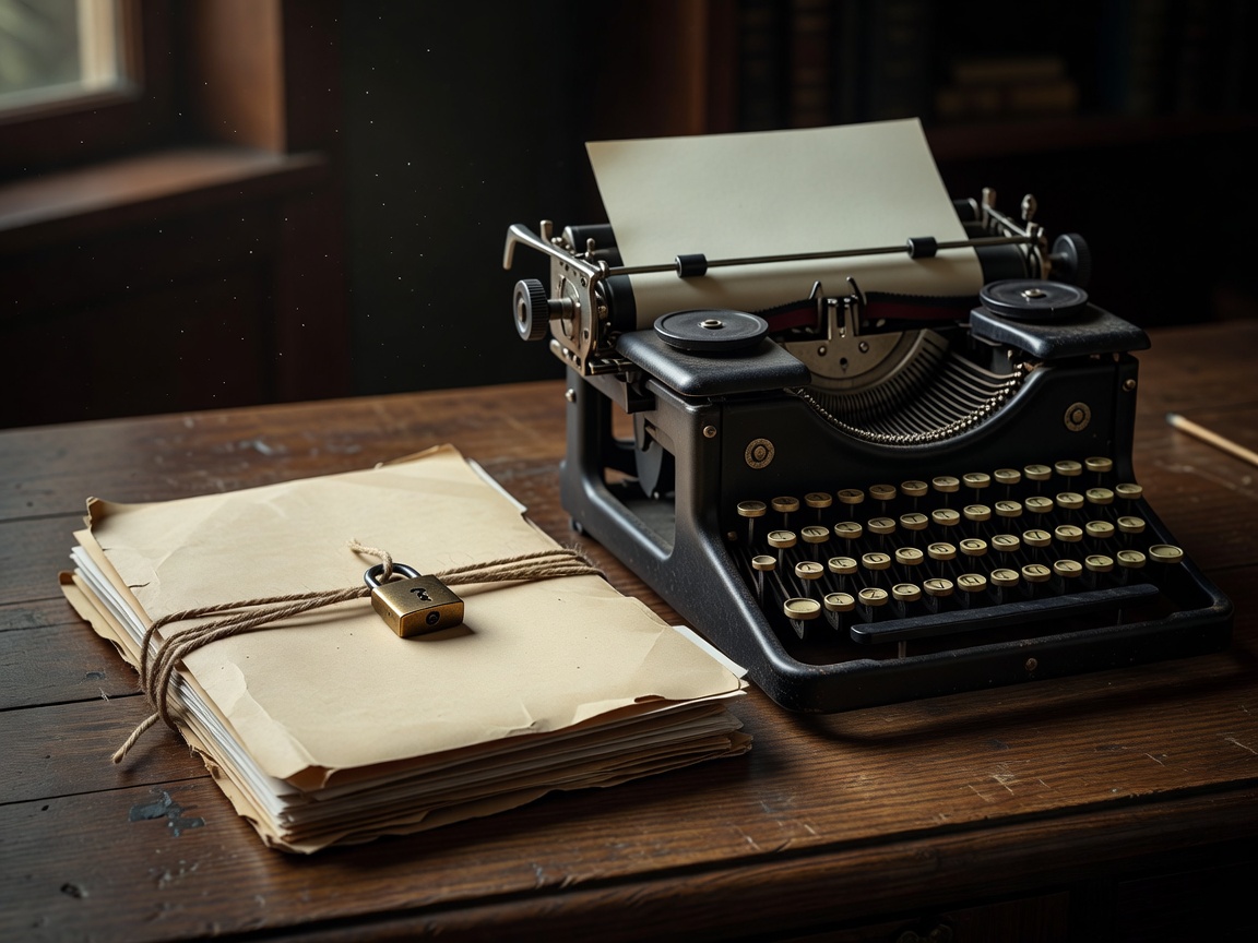 Locked dossier folder near a vintage typewriter