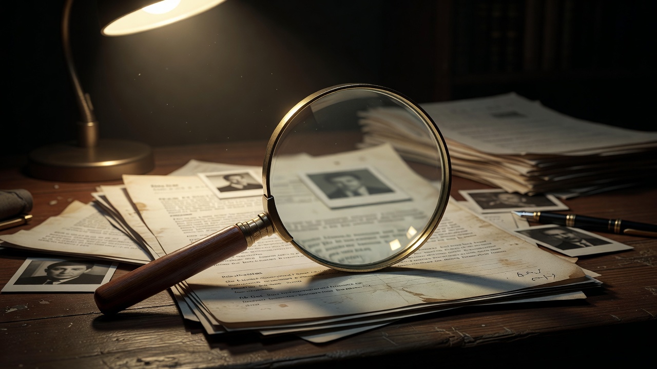 Magnifying glass focusing on investigation case documents
